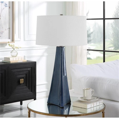Uttermost Teramo 1-Light Ceramic & Fabric Table Lamp in White/Distressed Blue - Picture 7 of 7