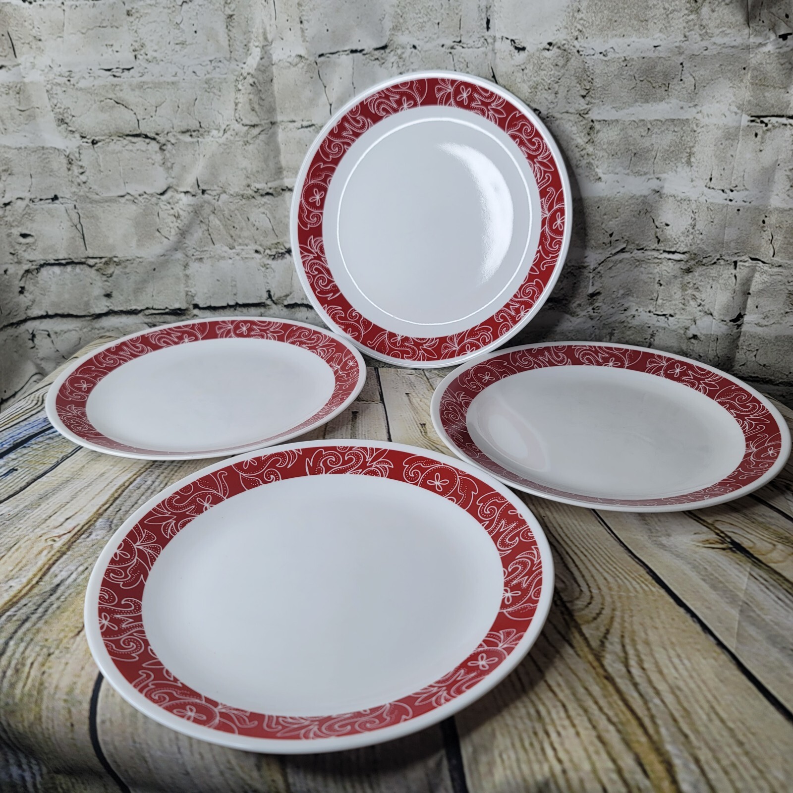 4 Corelle BANDHANI 10.25" Dinner Plates Red and White eBay