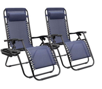 Zero Gravity Outdoor Patio Beach Reclining Folding Lounge Chair Cup Holder 2 Pc