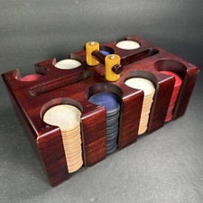 Vintage Bakelite Handle Poker Chips Set Wood Chip Card Caddy Butterscotch VTG