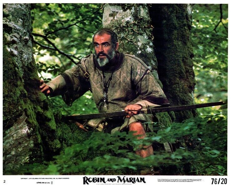 Robin and Marian Original Lobby Card Sean Connery holding long bow in forest