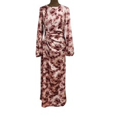 Cider Pink Floral Marble Ruched Satin Maxi Dress Long Lantern Sleeve Small NEW