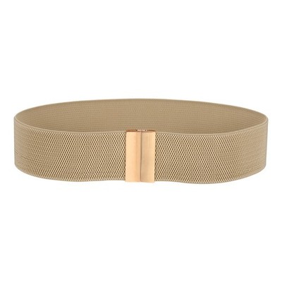 Wide Elastic Waist Belt with Gold Metal Buckle, Khaki, 26.7'' to 32.7''