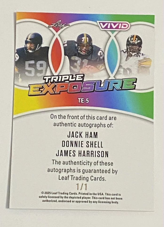 2025 Leaf Vivid Shimmer Red Jack Ham Donnie Shell James Harrison 1/1 Auto  - Image 2 of 2