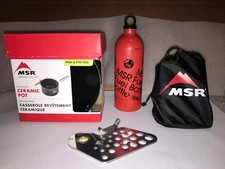 MSR Whisperlite Universal Stove, Fuel Bottle, Stove Base, MSR Ceramic Pot