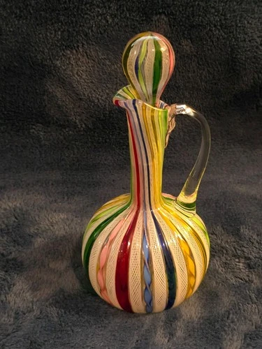 Vintage Murano Latticino Reticello Art Glass Decanter w/Stopper 10" Mid Century