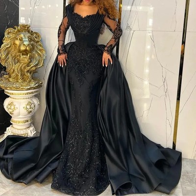 Black Long Sleeves Evening Dresses Sequins Lace Appliques With Detachable Train