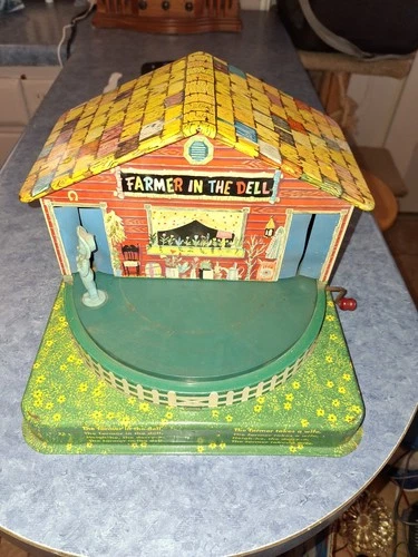 Vintage Mattel Farmer in the Dell Toy 503 Tin Wind-Up Music Box 1950s Needs Work