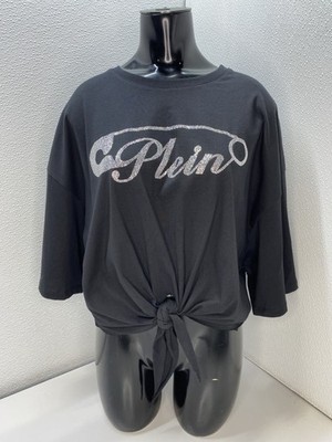 Philipp Plein Womens T-Shirt Black Size XL Logo Embellished Cropped Round Neck