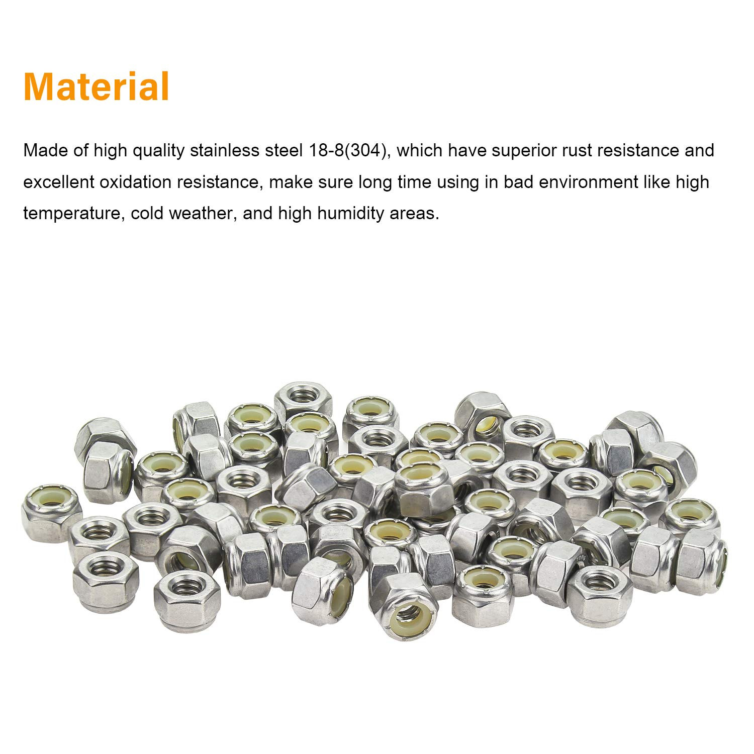 60 Pieces 1/4"-20 Nylon Insert Hex Lock Nuts, 304 Stainless Steel