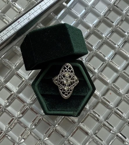 Antique Art Deco 1920s URANIUM Paste Diamond Uncas Signed Sterling Silver Ring