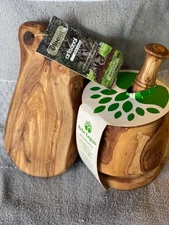 3 Piece Mortar & Pestle Hand Carved Olive Wood Tunisia-Chopping board Italy NWT