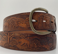 VTG Hand Tooled Leather Belt Mens Size 42 Brass Buckle Hunting Deer Ducks Forest