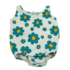 Vtg Carters Baby Swimsuit Teal Yellow Daisy Floral Stretch sz L 18 Months Retro