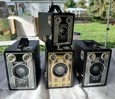 4 Kodak Brownie Box Cameras, Art Deco Face plates, Target six-16, Six-20, Jr.