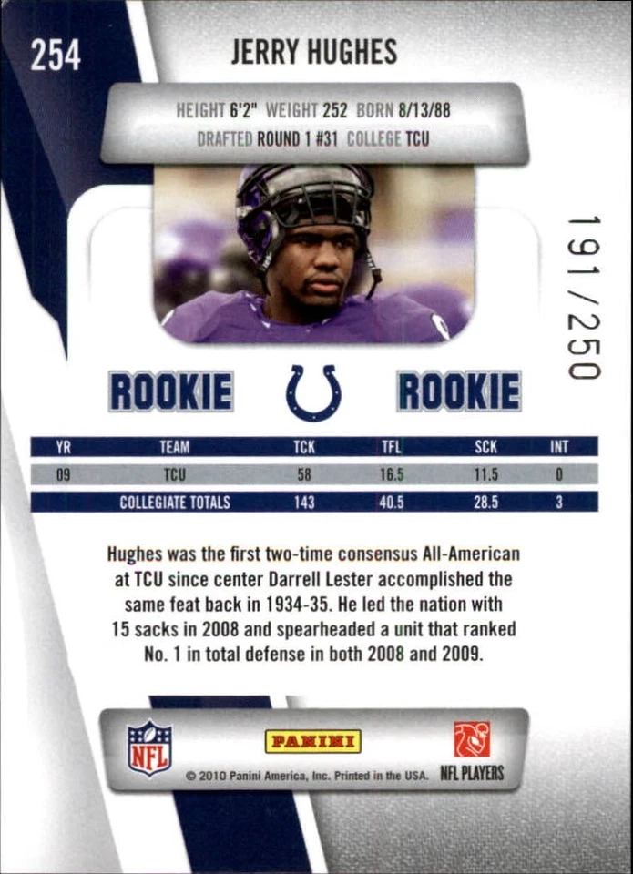 2010 Prestige Xtra Points Gold #254 Jerry Hughes /250 - FB - Image 2 of 2