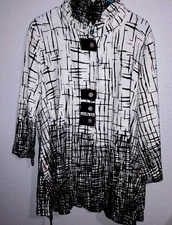 John Mark Black White Linen Abstract Grid Stand Up Collar Button Tunic Blouse Lg