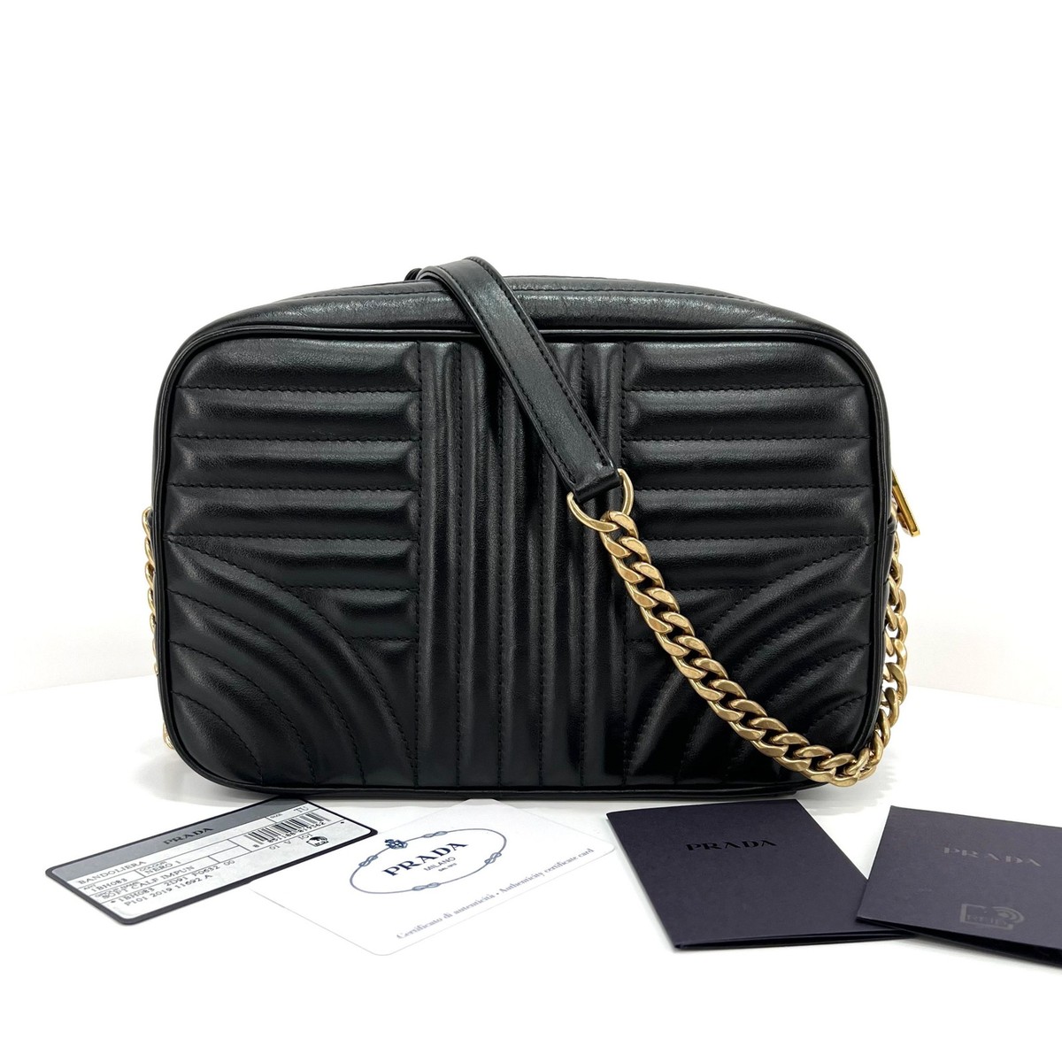 Prada Diagram Gold Chain Crossbody Camera Bag Black (1BH083 Prada Diagram Gold Chain Crossbody Camera Bag Black (1BH083