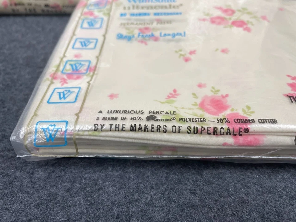 Vtg Wamsutta Ultracale Rose Double Fitted Sheet Set & 2 Standard Pillow 70s NOS - Image 4 of 4