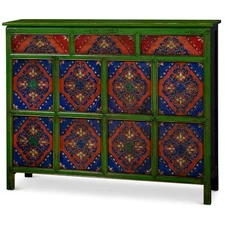 US SELLER - Hand Painted Green and Blue Tibetan Cabinet
