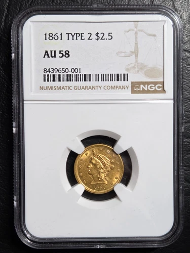 Beautiful High Grade 1861 Type 2, 2 1/2 Gold Liberty Coin NGC Graded AU 58