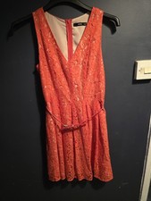 Oasis Women's Lace Skater Dress Coral Size 8UK Back Zip Fit Flare with Belt