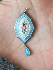 Vintage Sterling Blue White Flower Enamel Guilloche Antique Necklace Pendant 