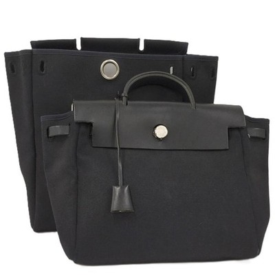 Hermes Herbag Ado PM Backpack Black Canvas Leather w/ Pouch 1999 Authentic