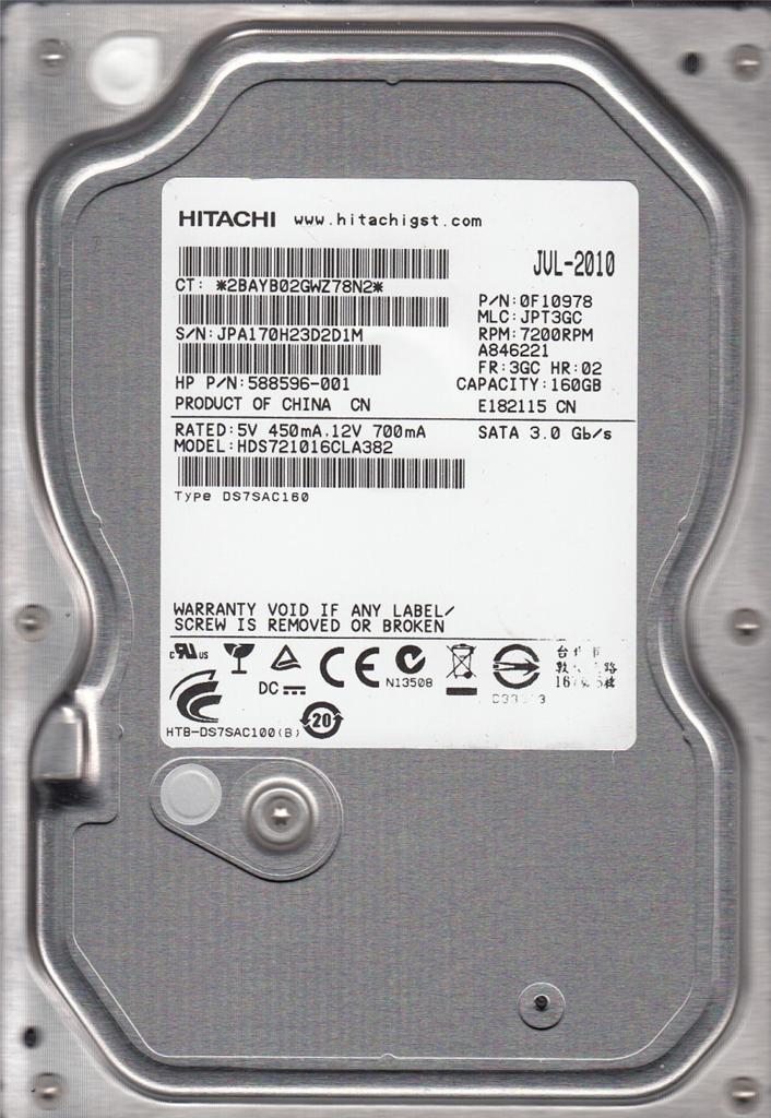 Hds721016cla382 PN 0F10978 MLC Jpt3gc Hitachi 160gb SATA 3.5 Hard