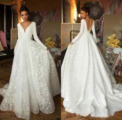 Vintage Satin Lace Wedding Dresses 2022 Long Sleeve V-neck Backless Bridal Gowns