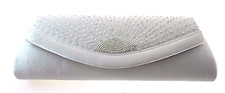 LA REGALE SILVER SATIN/BEADED EVENING HAND BAG WITH LONG CHAIN