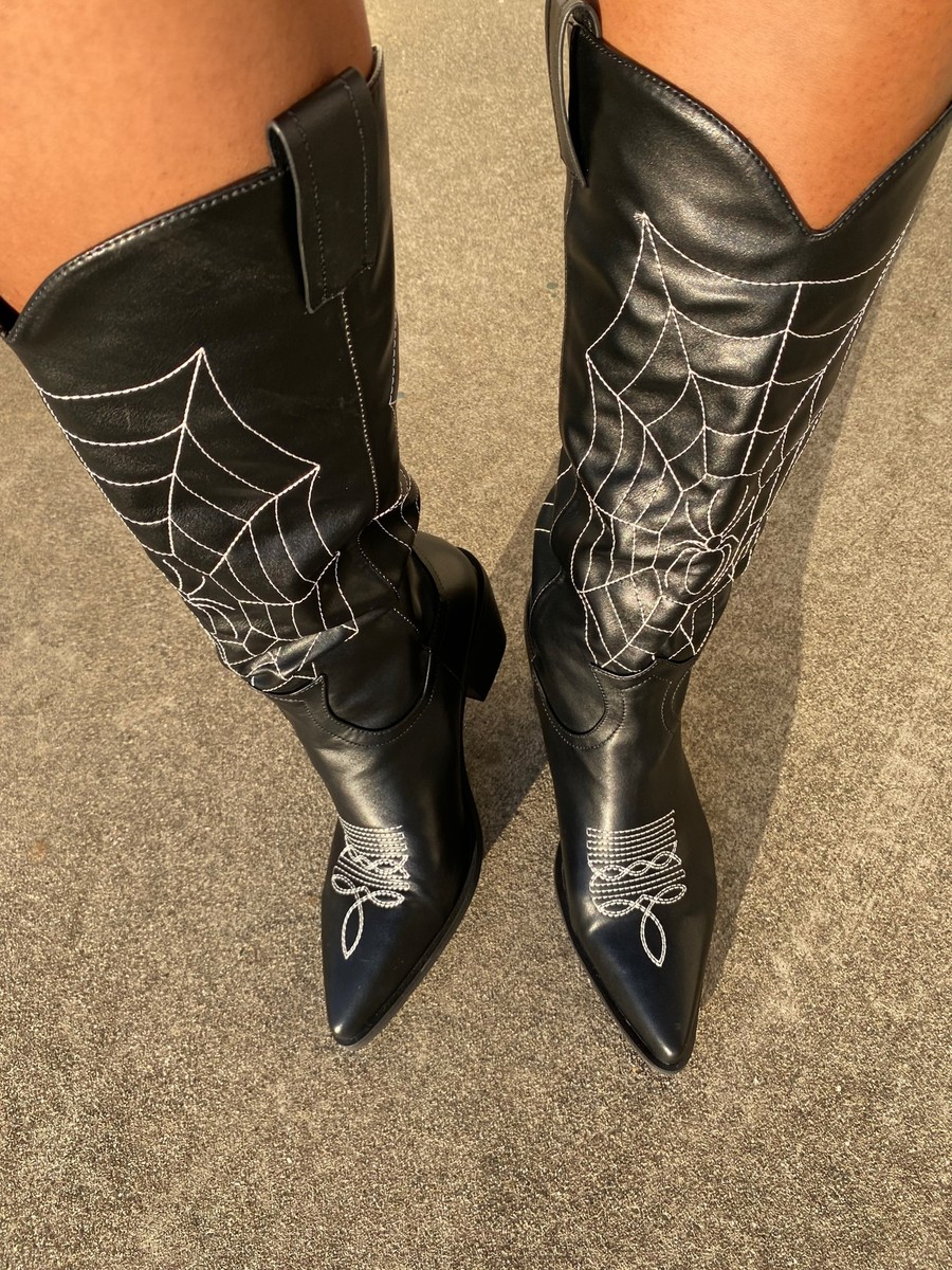 Women's Fashion Faux Leather Embroidery Block Heels Mid Calf