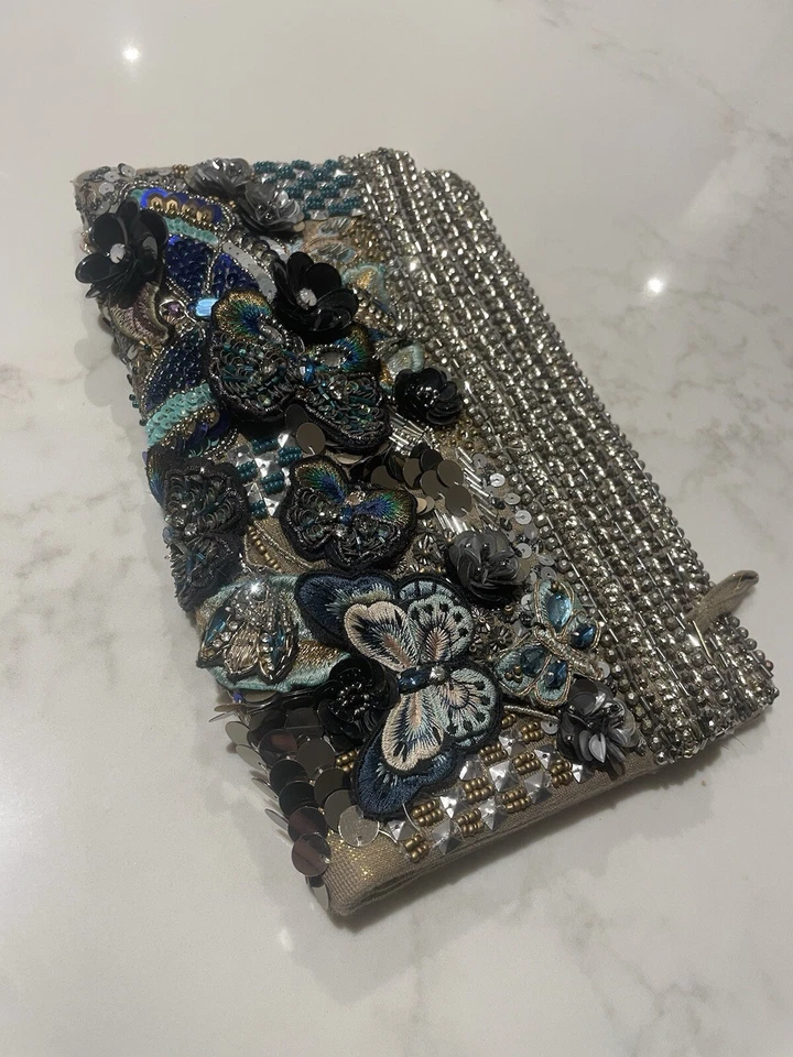 Accessorize Embellished Butterfly Fly Clutch Bag Material Flower Diamantés Beads - Image 2 of 4