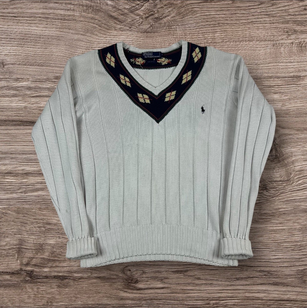 Ralph Lauren Polo Cable Knit V-Neck Cricket Sweater Jumper Ivory