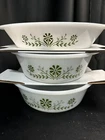 Glasbake Vintage Green Daisy Flower Dishes Set of 3 Vintage MCM Retro Milk Glass