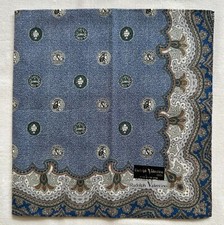 Vintage Handkerchief Blue Cotton Symbol Border Damask Classic Pocket Square 18"
