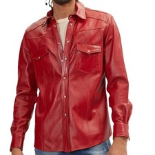 Men's Red Leather Full Sleeves Shirt 100 Genuine Lambskin Motorbiker Jacket