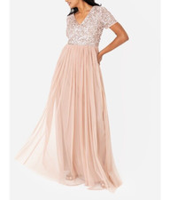 Maya Deluxe Taupe Beige Tulle VNeck Sequin Maxi Evening Bridesmaid Prom Dress 10