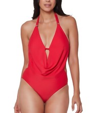 Bar III PARADISE RED Solid Cowlneck One-Piece Swimsuit, US X-Small