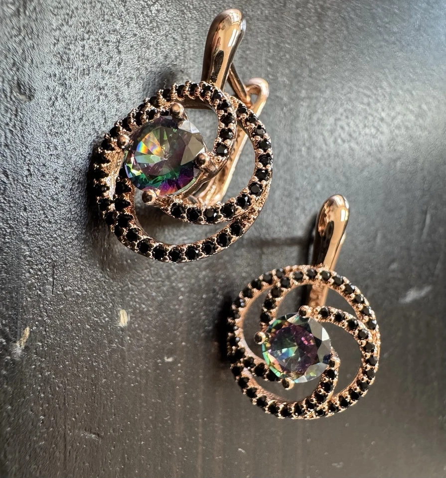 585 14K RG Stamped Whirlwind Black Gemstone Rainbow Stud Earrings - Image 4 of 4