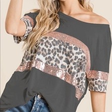 NWT BiBi Boutique Sparkle leopard print knit top color block boho western sz M