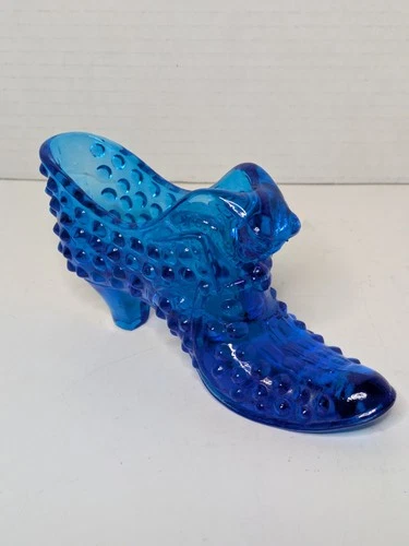 Vintage Fenton Art Glass Cat’s Head Hobnail Cobalt Blue Slipper Shoe 6”L x 3”H