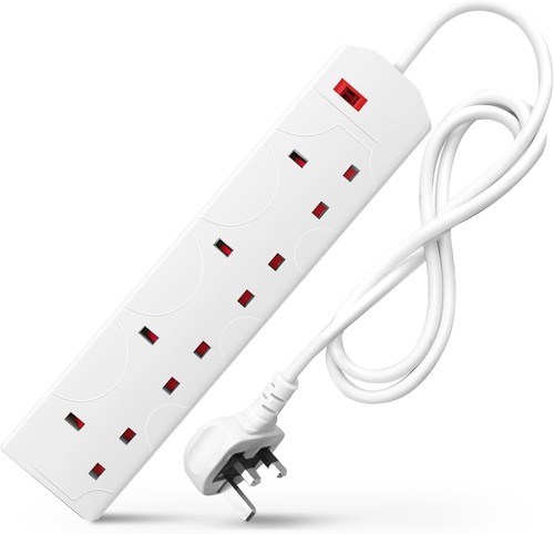 White Electric Extension Lead - 4 Gang, 1 Metre Cable with UK Plug & 3 Pin Socke - Picture 1 of 7