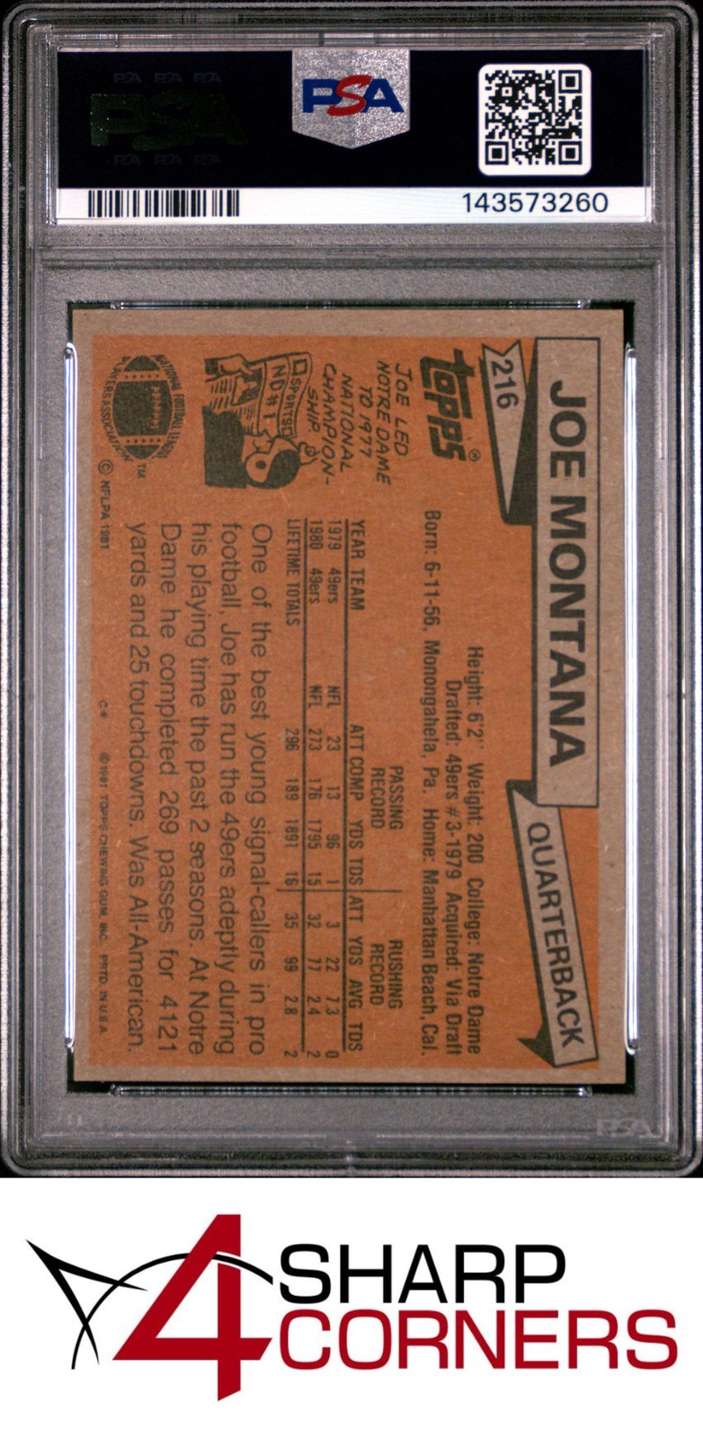 1981 TOPPS #216 JOE MONTANA RC 49ERS HOF PSA 8 view 2