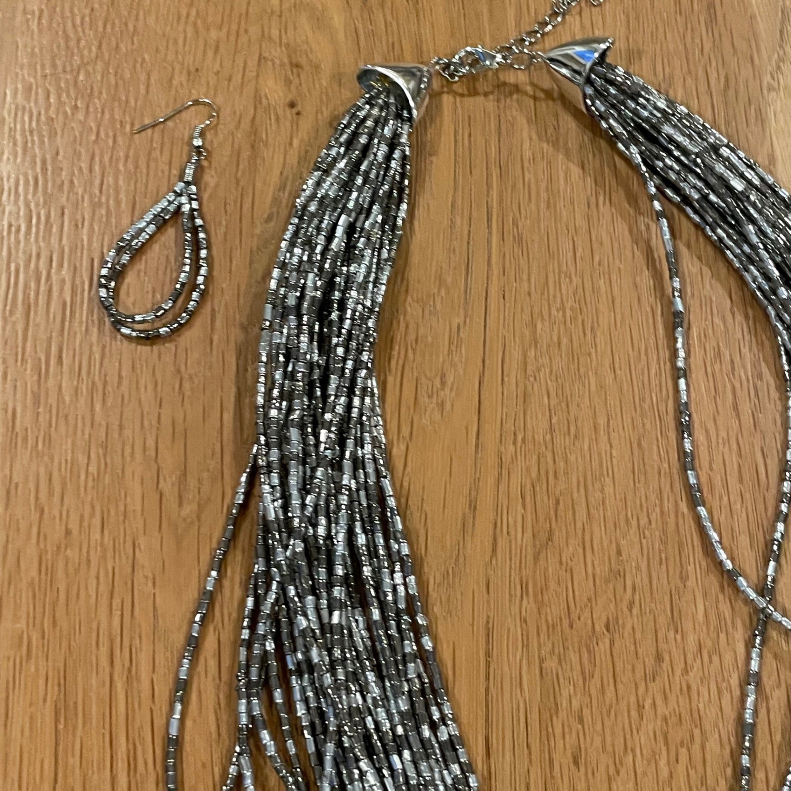 Multistrand Silver Beaded Statement Necklace and … - image 6