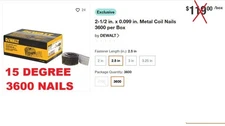 DEWALT 3600 2-1/2 x 0.099 in 15 DEG Metal Coil FRAMING Nails PORTER COIL 350