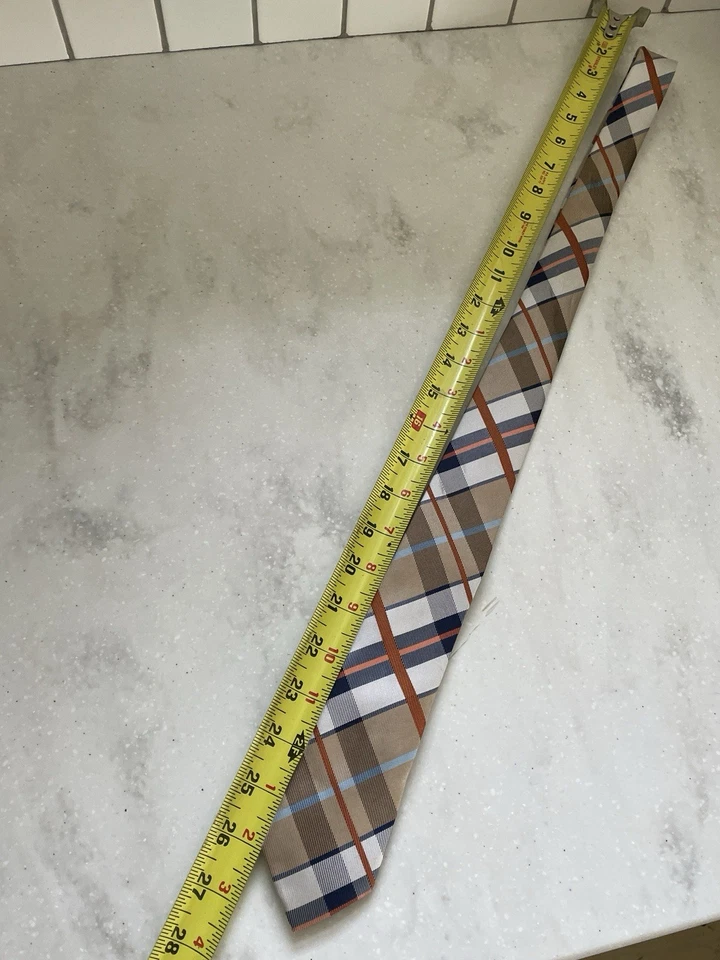 Vintage Hisdern Boys Neck Tie Classic Plaid Tan, Blue, Orange Hand Made - Image 4 of 4