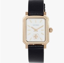 TORY BURCH Robinson Womens Gold Watch White Rectangular Dial Black Leather Band
