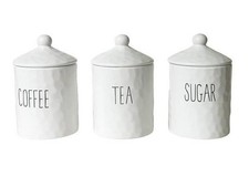 Dimples Canister Set 3 Pieces Ceramic White with Black Writing Coffee Tea Sugar