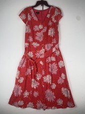 Talbots Dress Womens 12P Red Floral V Neck Belted Fit & Flare Knee Length